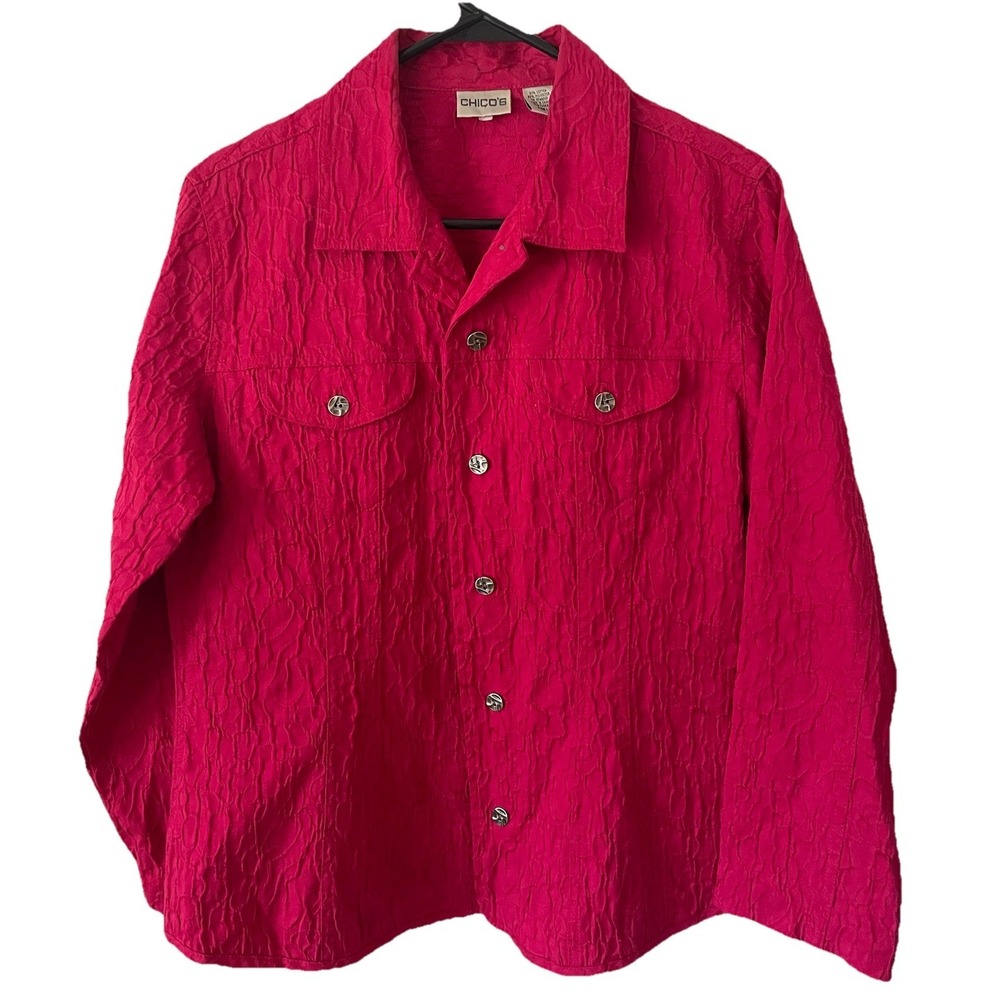 Chicos Size 1 Red Textured Jacquard Button Front Jacket Shirt Top Women's - Picture 2 of 8